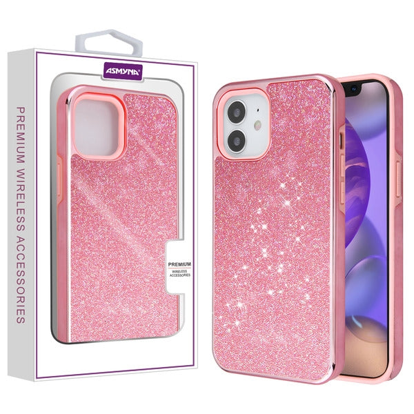Asmyna Encrusted Rhinestones Hybrid Case for Apple iPhone 12 mini - Electroplated Pink / Pink
