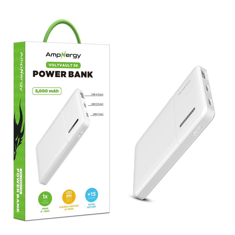 AmpNergy VoltVault 5K mAh Power Bank - White