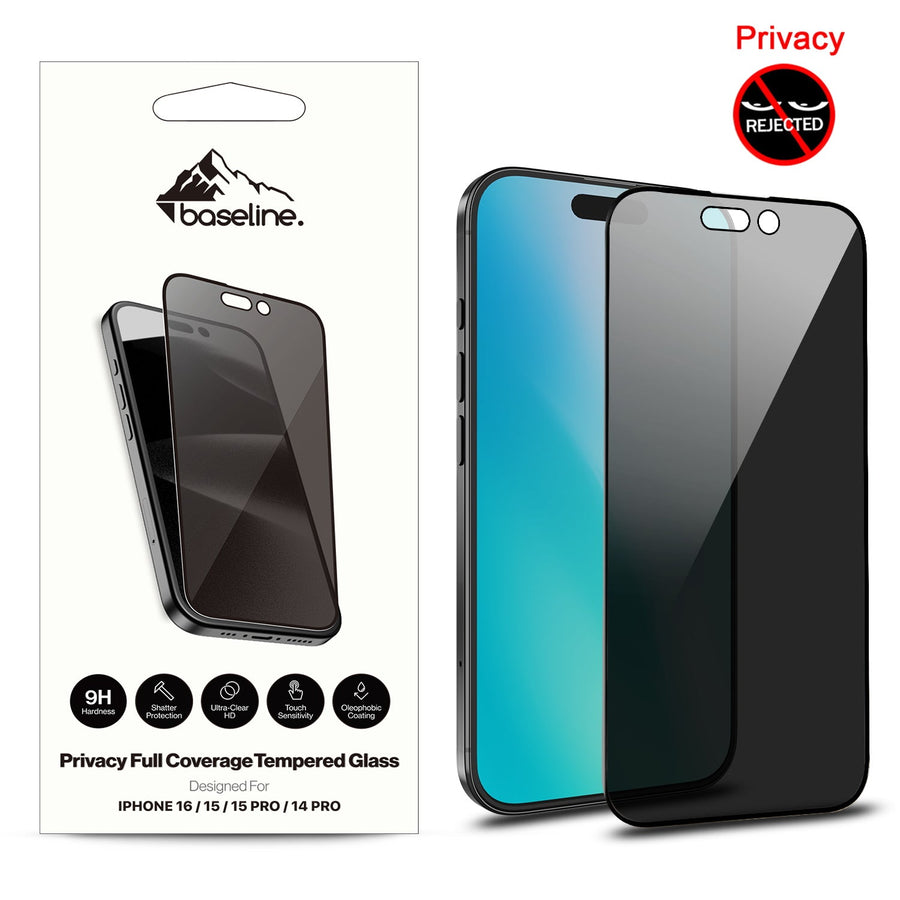 baseline Privacy Full Coverage Tempered Glass Screen Protector for Apple iPhone 16 / 15 / 15 Pro / 14 Pro - Black