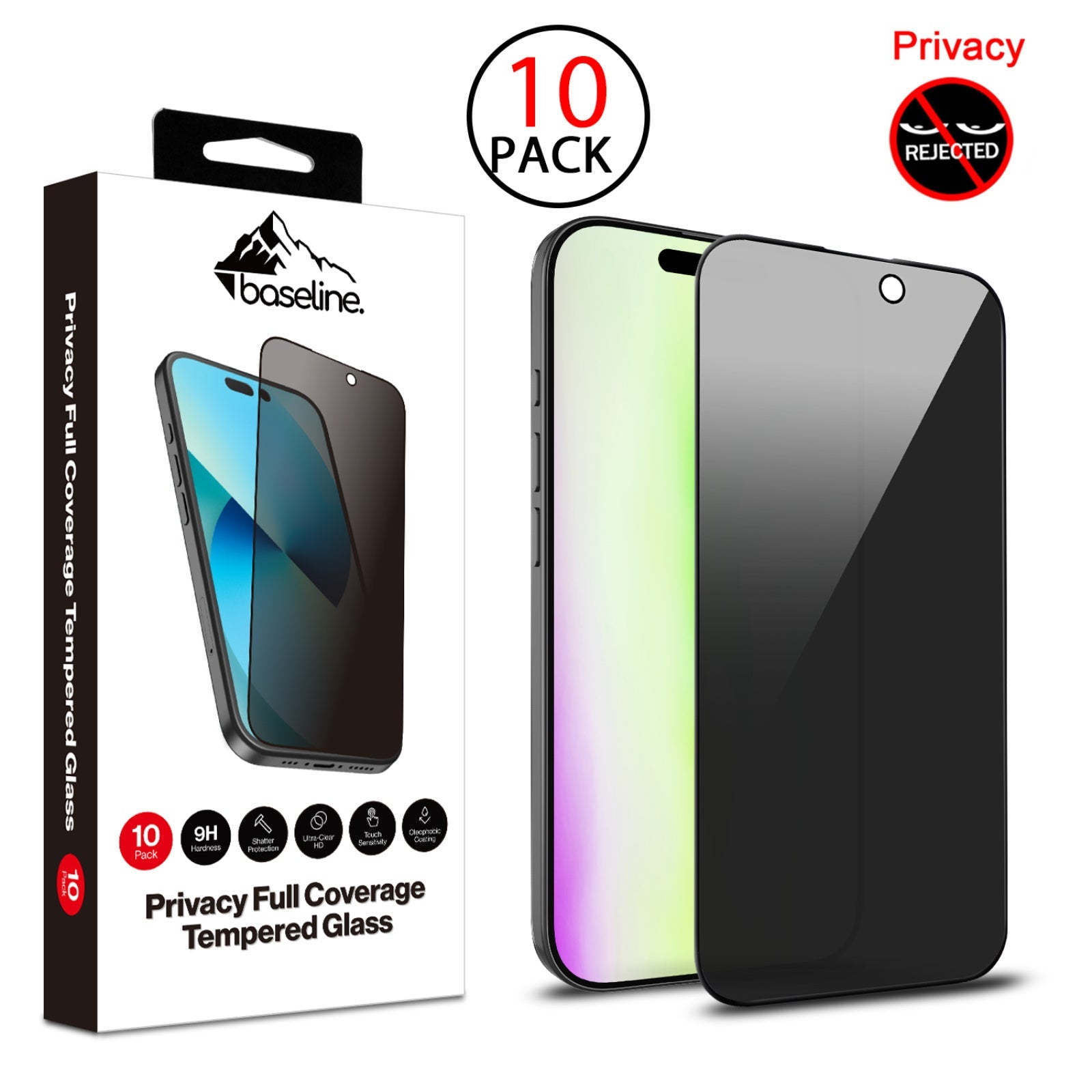 baseline Privacy Full Coverage Tempered Glass Screen Protector (10-pack) for Apple iPhone 17 / 16 Pro - Black