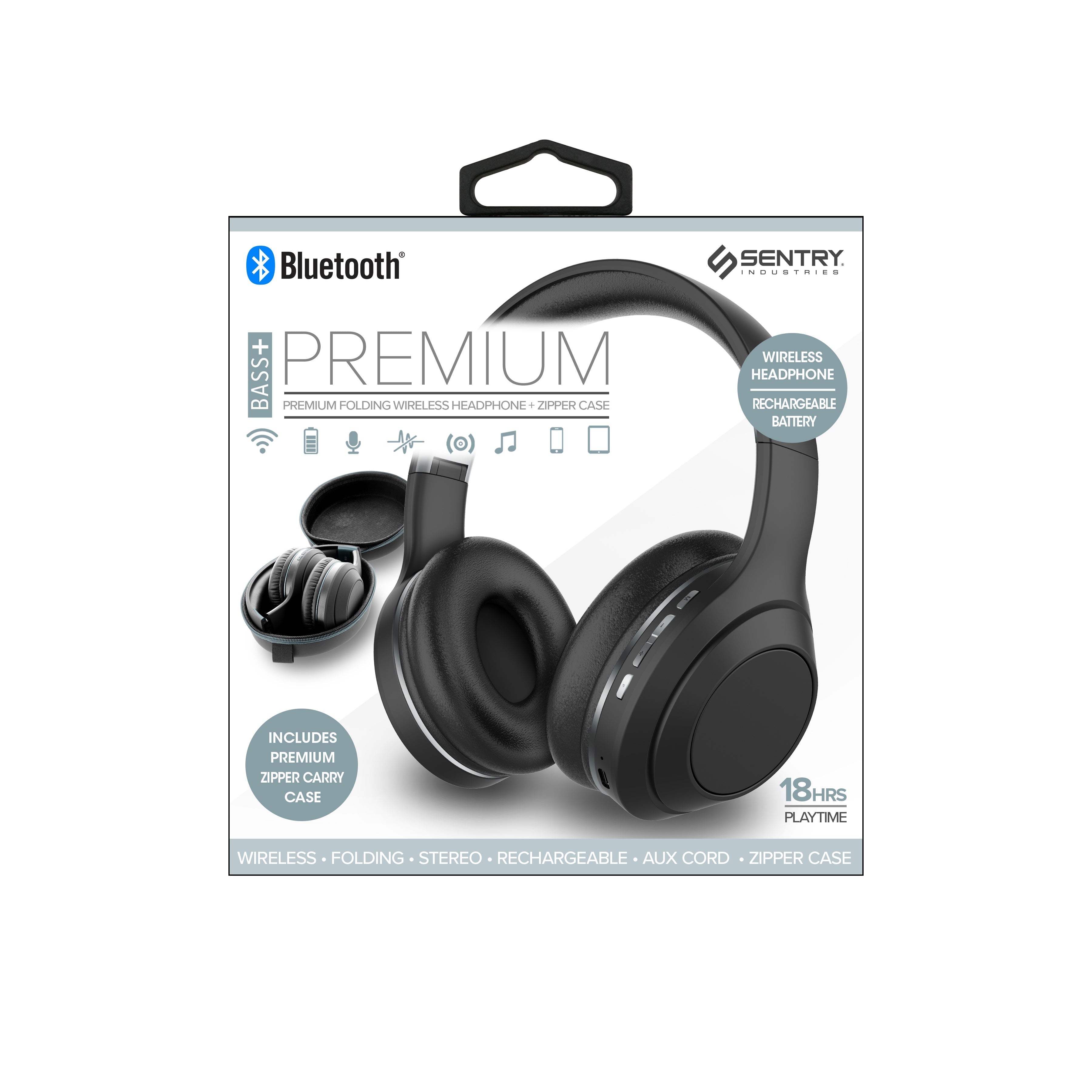 Sentry Premium Bluetooth Heaphones with Zipper Carrying Case - BLACK