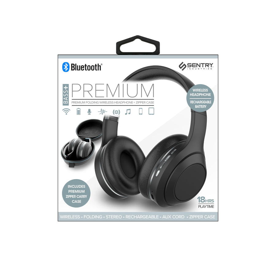Sentry Premium Bluetooth Heaphones with Zipper Carrying Case - BLACK