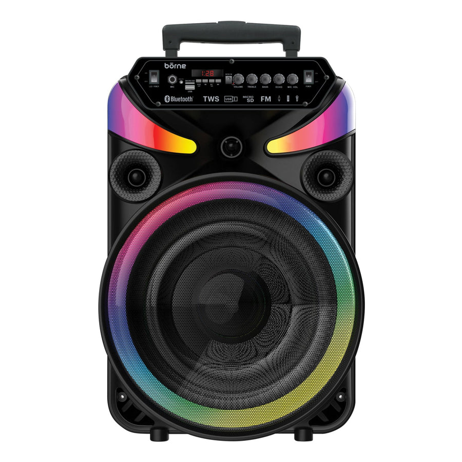 borne 15" Woofer + 1.5" Tweeter Bluetooth Party Speaker With Tripod, 50W Total, Usb, Microsd And Aux - In Inputs, Fm Radio, Mic And Remote Control Included - Black