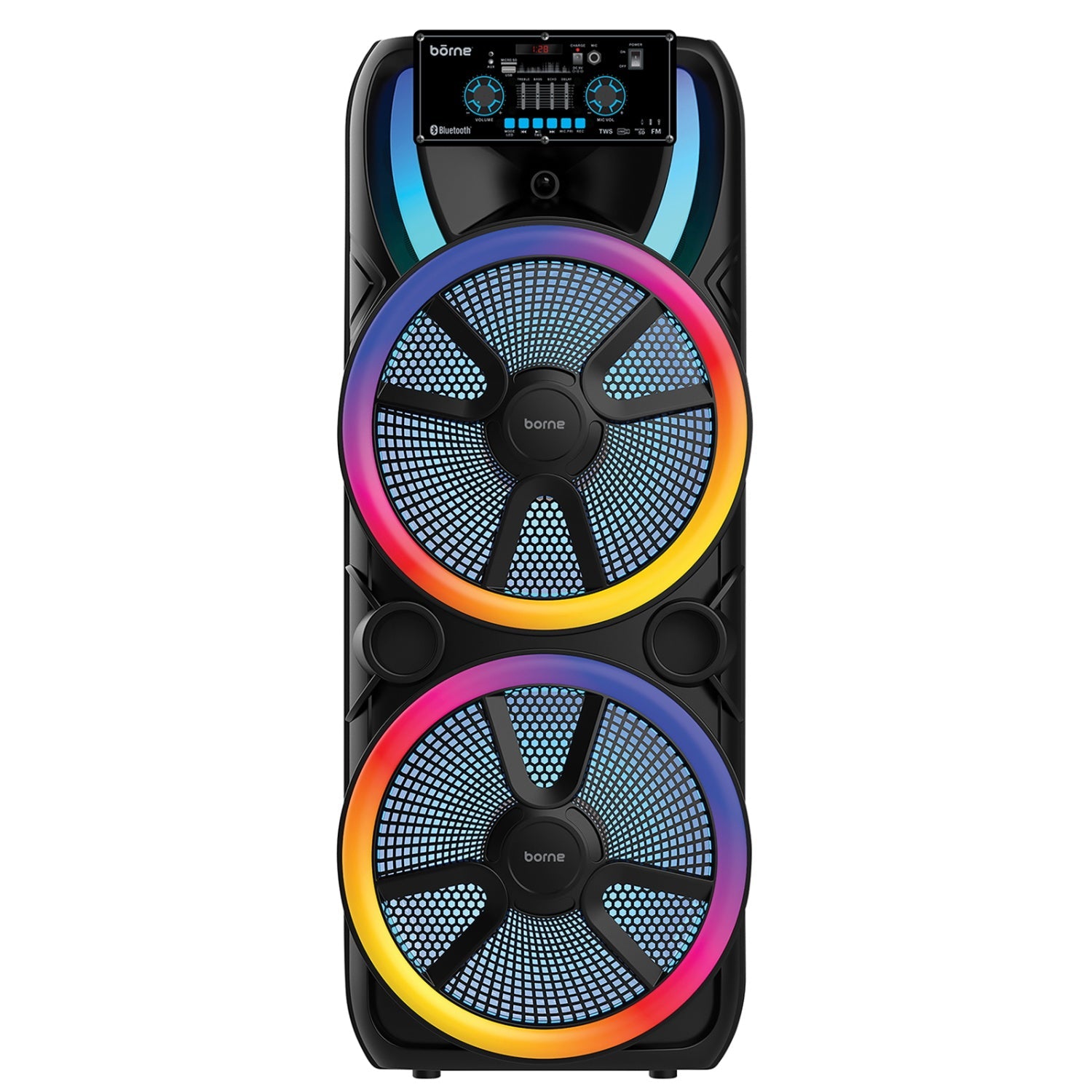 borne 15" X 2 Bluetooth Wireless Speaker, 100W Rms, RGB Lights, Usb, Microsd And Aux - In Inputs - Black