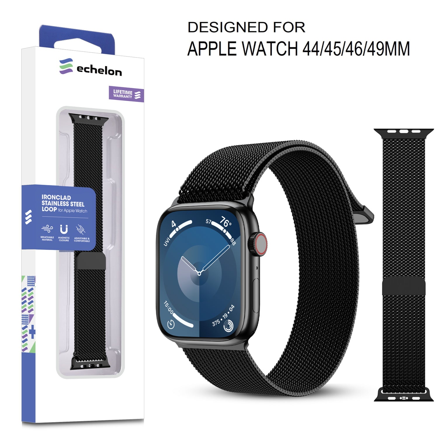 echelon Ironclad Stainless Steel Loop for Apple Watch Series 9 45mm/Watch Series 10 46mm / Watch SE 3 44mm - Black