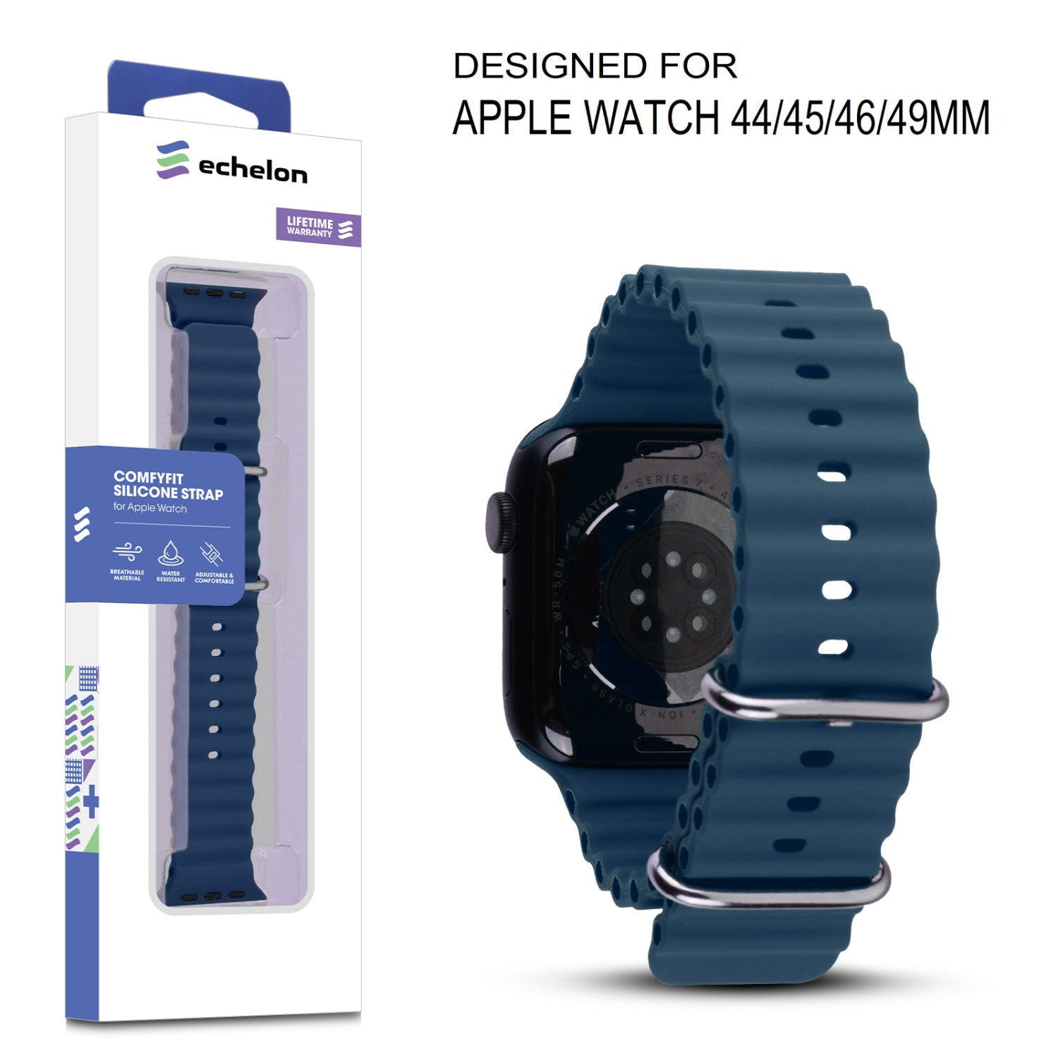 echelon ComfyFit Silicone Strap for Apple Watch Series 9 45mm/Watch Series 10 46mm / Watch SE 3 44mm - Dark Blue