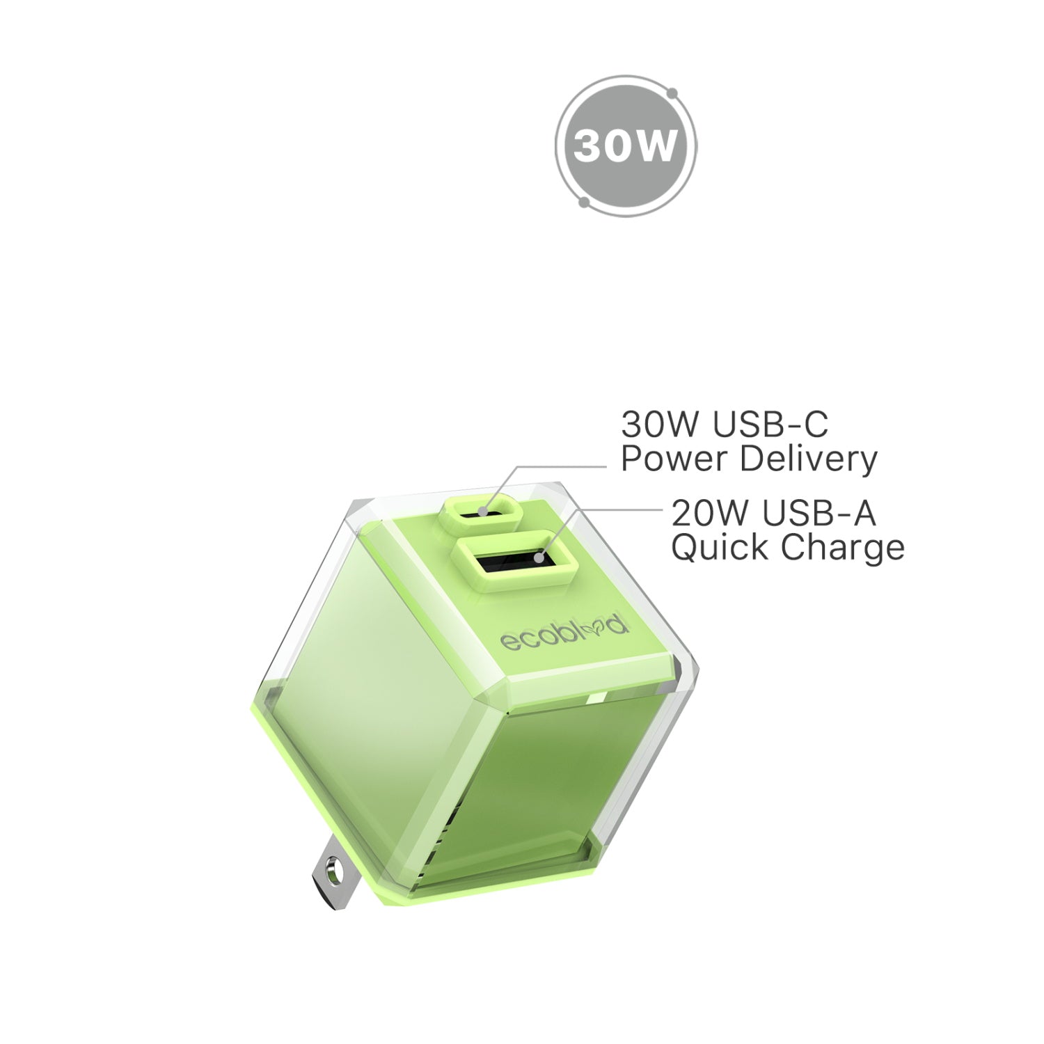 EcoBlvd PowerPlant Dual Port Wall Charger (Power Delivery & QC3.0)(30W) - Green