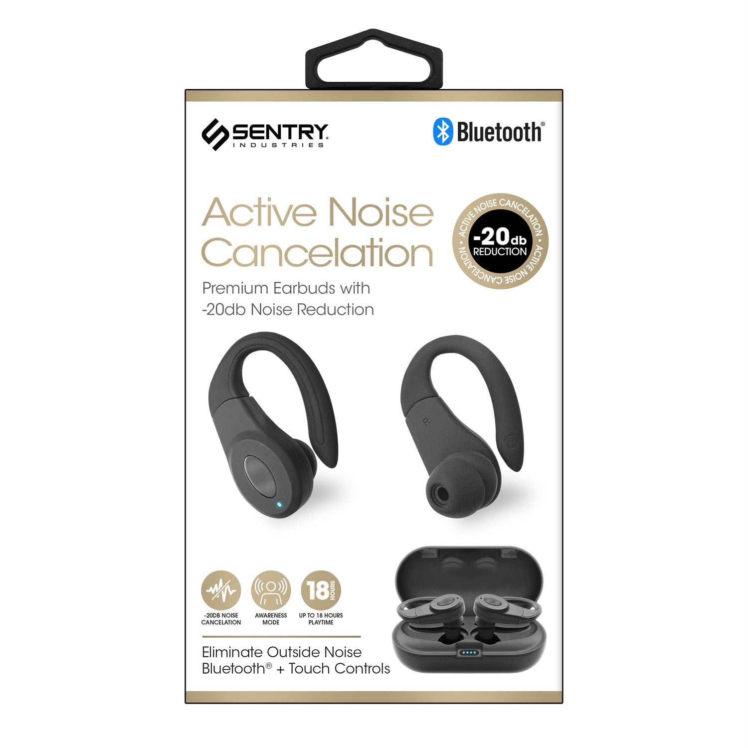 Sentry Active Noise Cancelling Bluetooth True Wireless Sport Hooks - Black