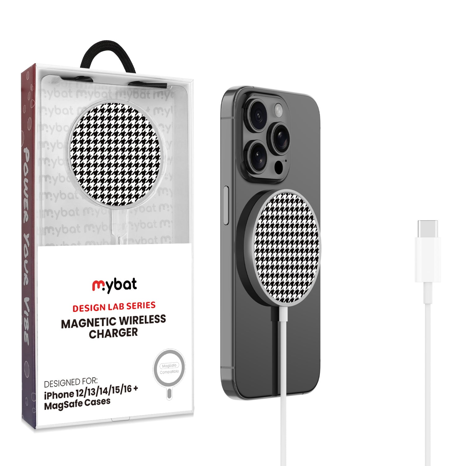 MyBat Design Lab Magnetic Wireless Charger - Silver - Classic Houndstooth