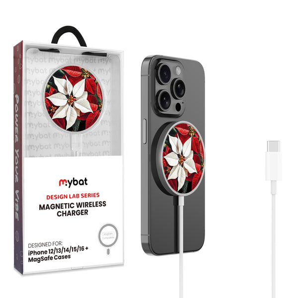 MyBat Design Lab Magnetic Wireless Charger - Silver - Christmas Poinsettias - MCGWIRC18SL-301-1.jpg