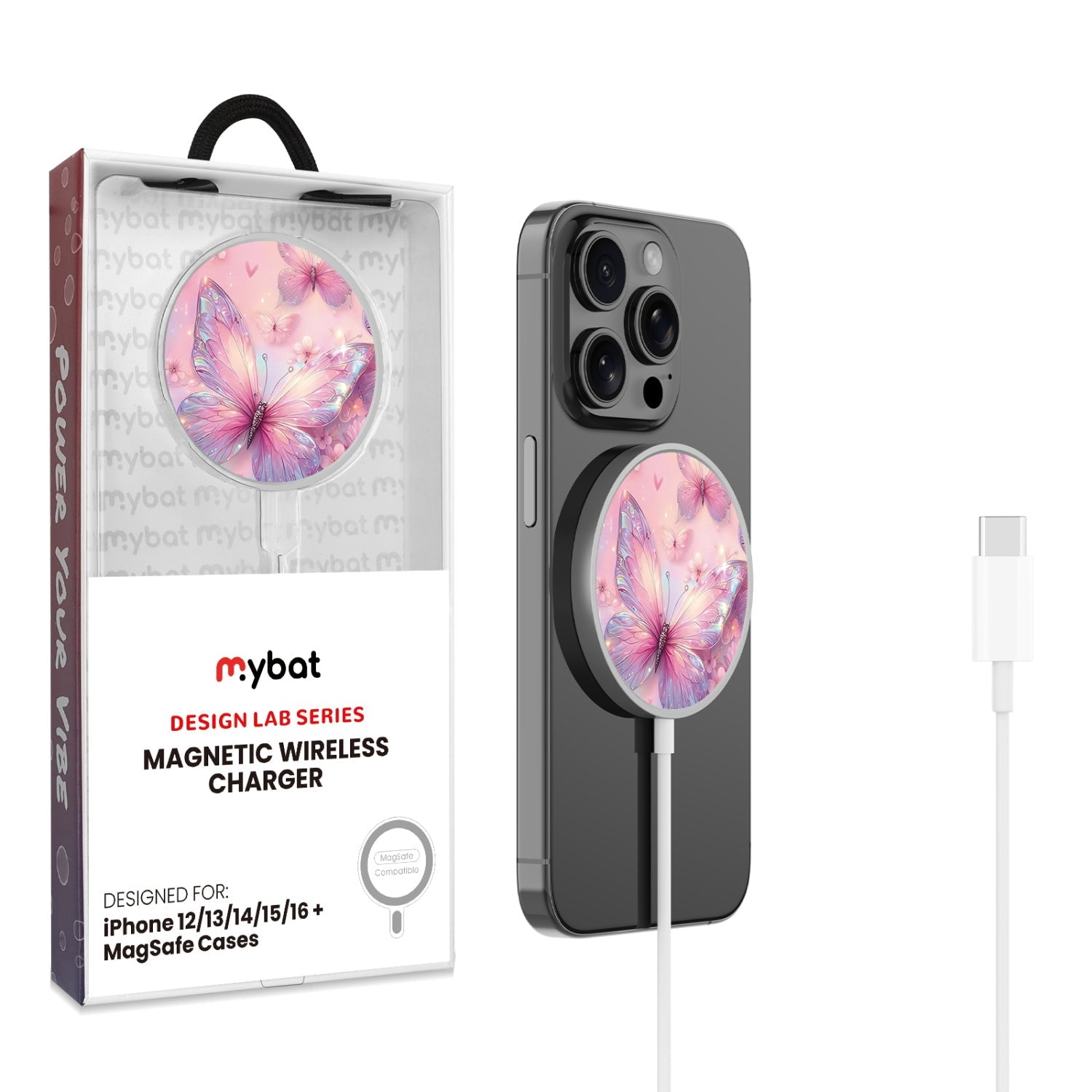 MyBat Design Lab Magnetic Wireless Charger - Silver - Pink Butterflies
