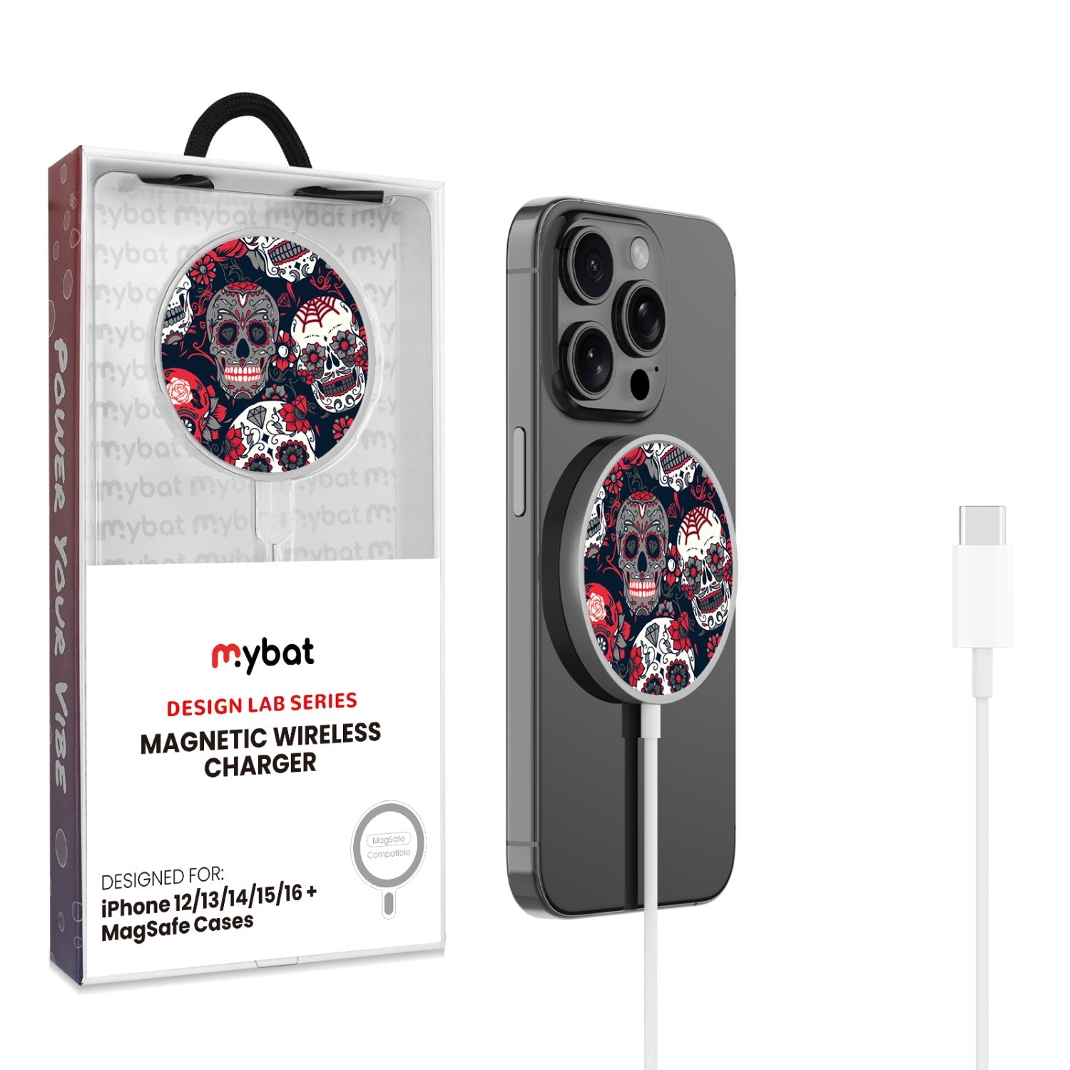 MyBat Design Lab Magnetic Wireless Charger - Silver - Sugar Rose Skulls