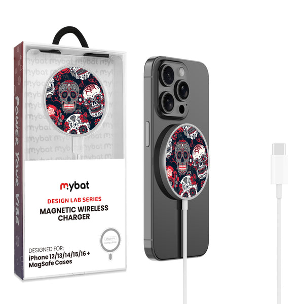 MyBat Design Lab Magnetic Wireless Charger - Silver - Sugar Rose Skulls - MCGWIRC18SL-418-1.jpg