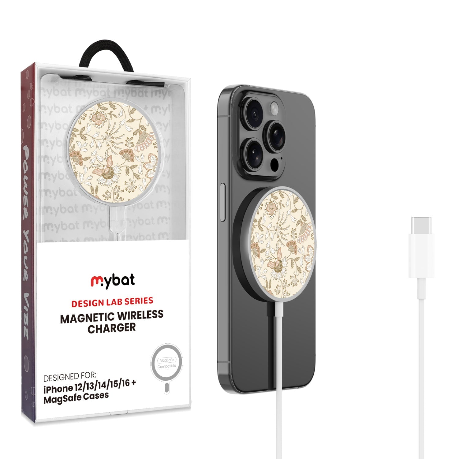 MyBat Design Lab Magnetic Wireless Charger - Silver - Jacobean Floral