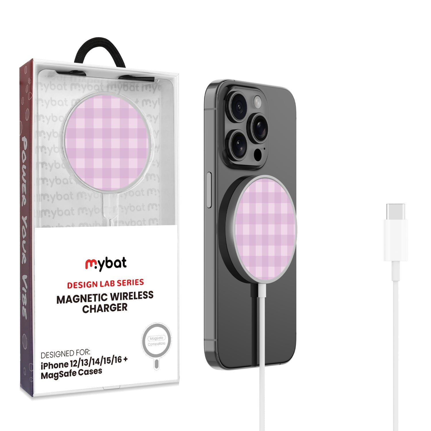 MyBat Design Lab Magnetic Wireless Charger - Silver - Purple Plaid