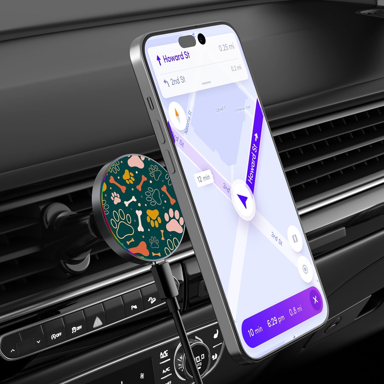 MyBat Design Lab Magnetic Wireless Charging Vent Mount - Black - Paw Prints & Bones - MCGWIRC21BK-003-3.jpg