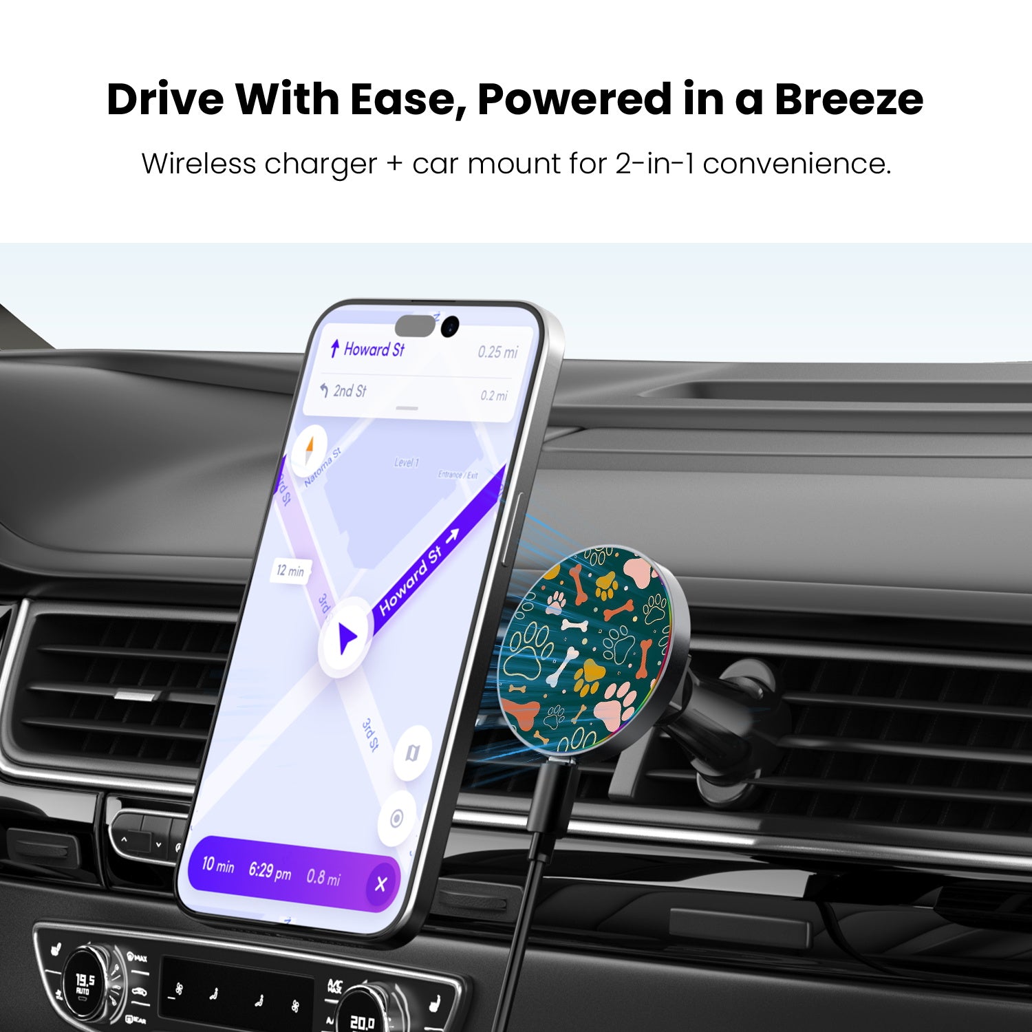 MyBat Design Lab Magnetic Wireless Charging Vent Mount - Black - Paw Prints & Bones - MCGWIRC21BK-003-4.jpg