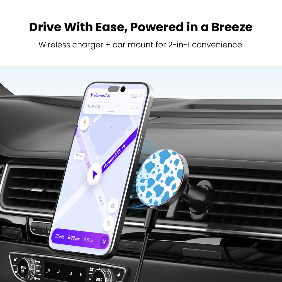 MyBat Design Lab Magnetic Wireless Charging Vent Mount - Black - Blue Cow Print - MCGWIRC21BK-016-4.jpg