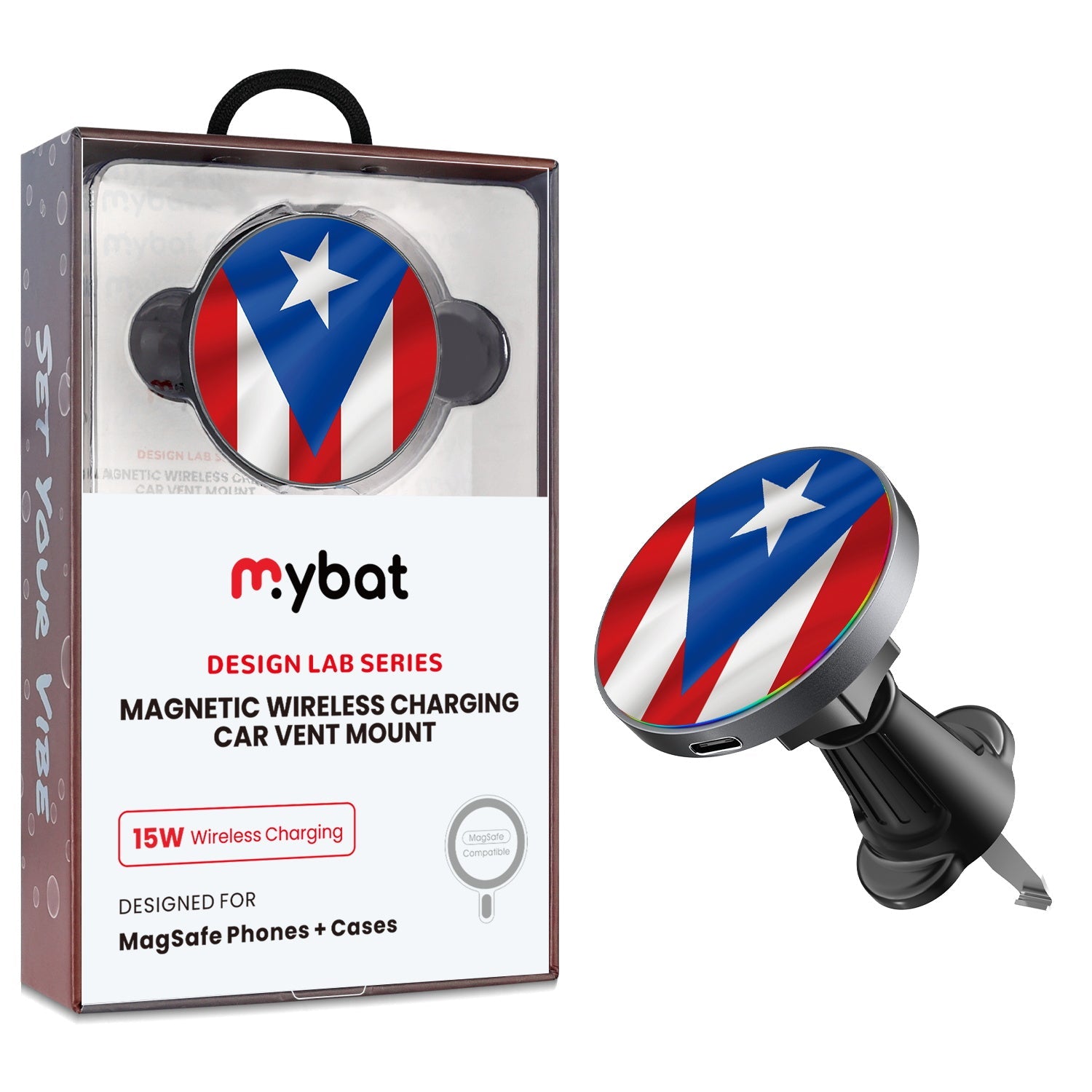 MyBat Design Lab Magnetic Wireless Charging Vent Mount - Black - Puerto Rican Flag