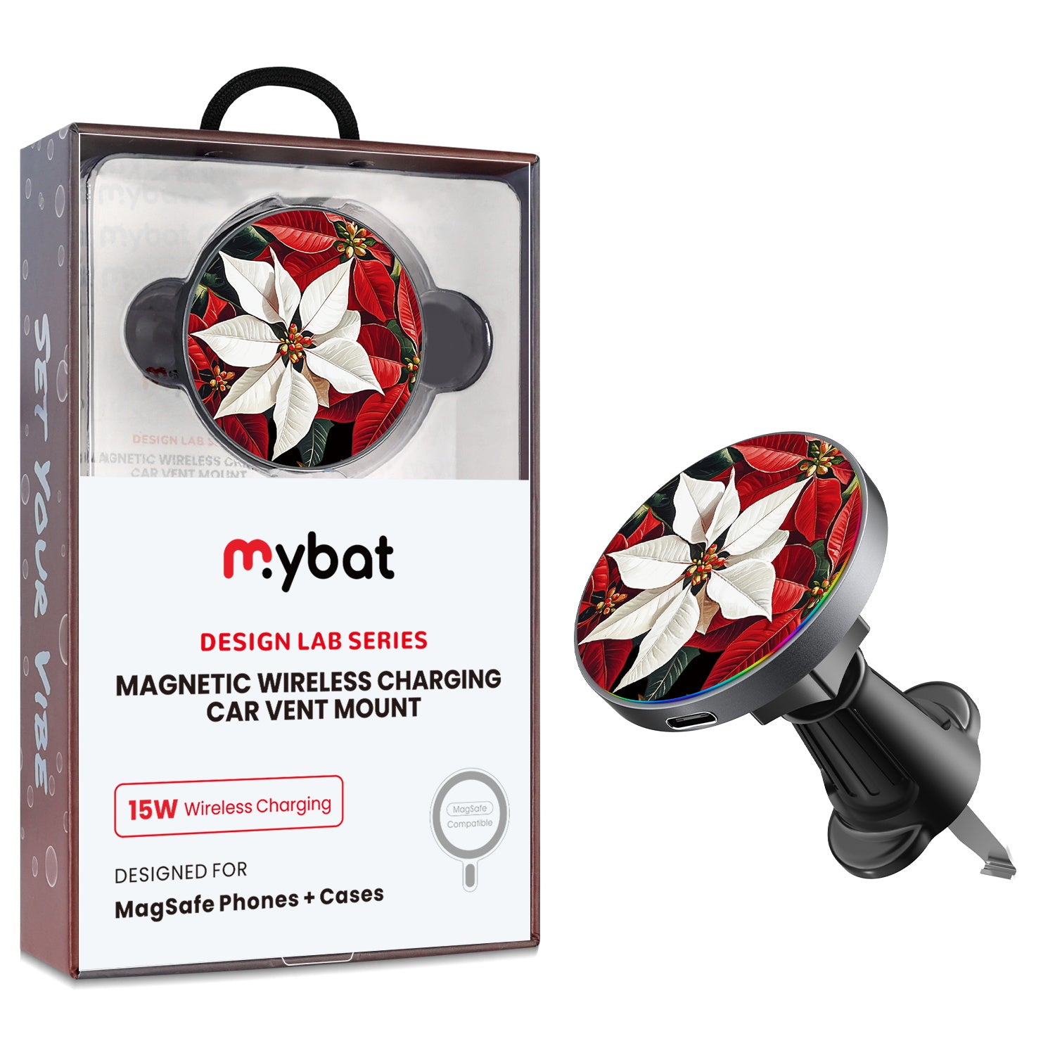 MyBat Design Lab Magnetic Wireless Charging Vent Mount - Black - Christmas Poinsettias - MCGWIRC21BK-301-1.jpg