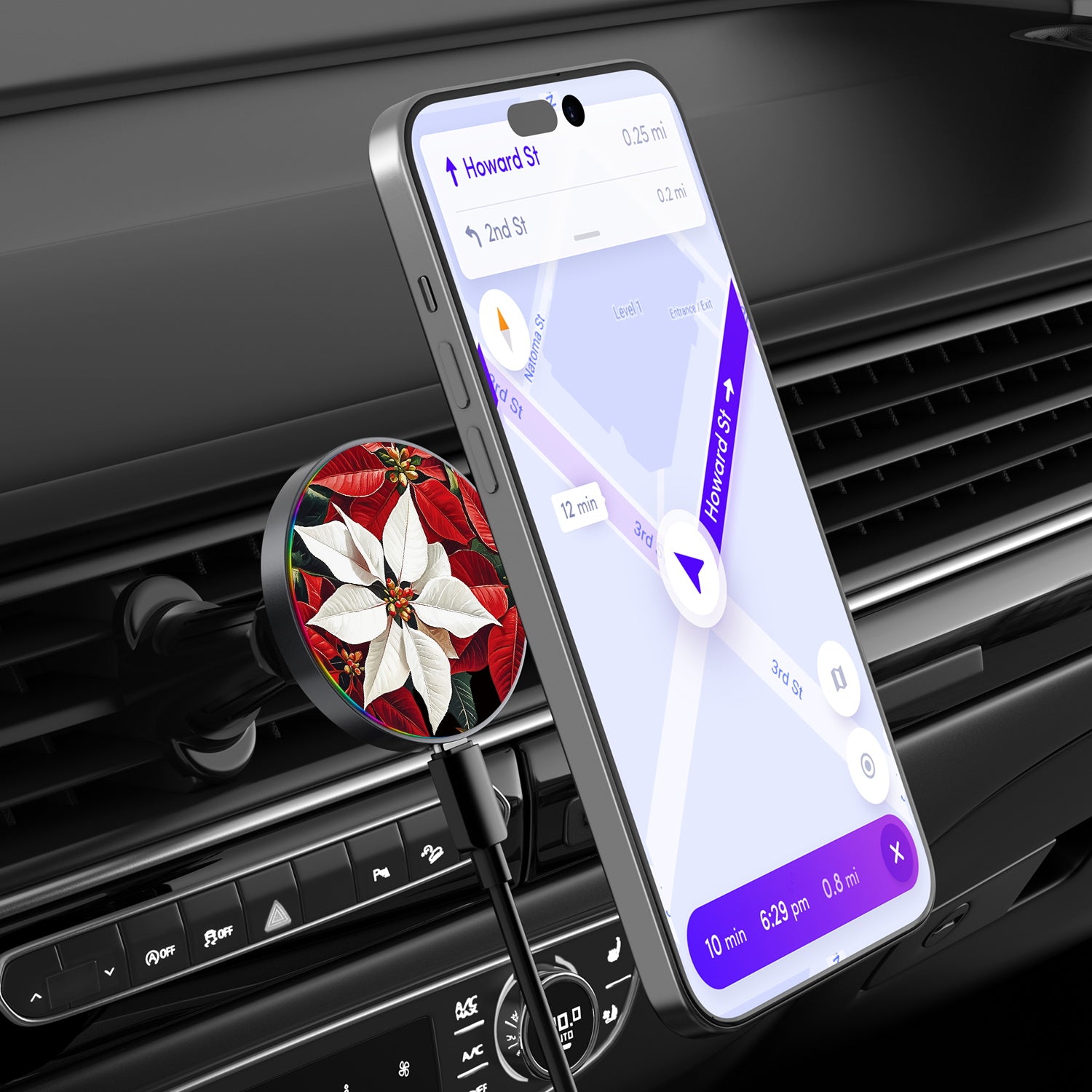 MyBat Design Lab Magnetic Wireless Charging Vent Mount - Black - Christmas Poinsettias - MCGWIRC21BK-301-3.jpg