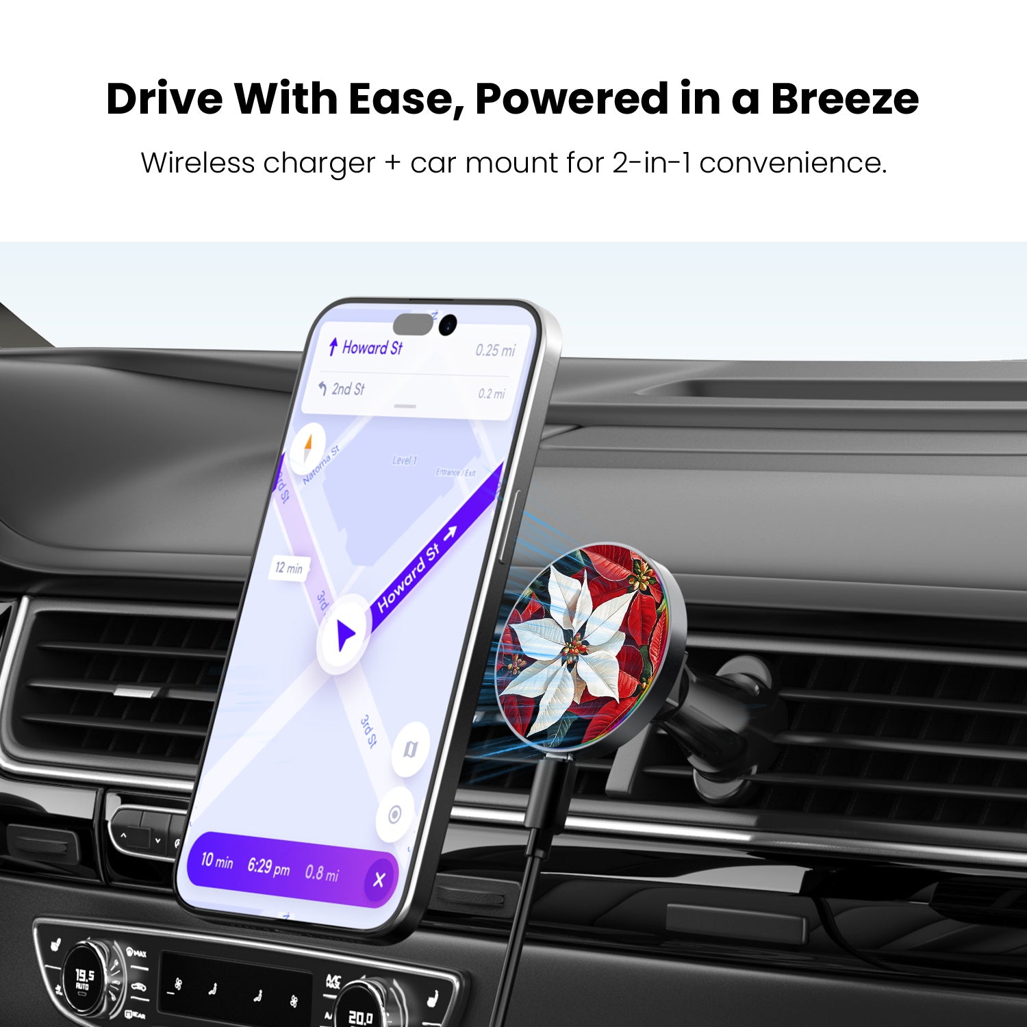 MyBat Design Lab Magnetic Wireless Charging Vent Mount - Black - Christmas Poinsettias - MCGWIRC21BK-301-4.jpg