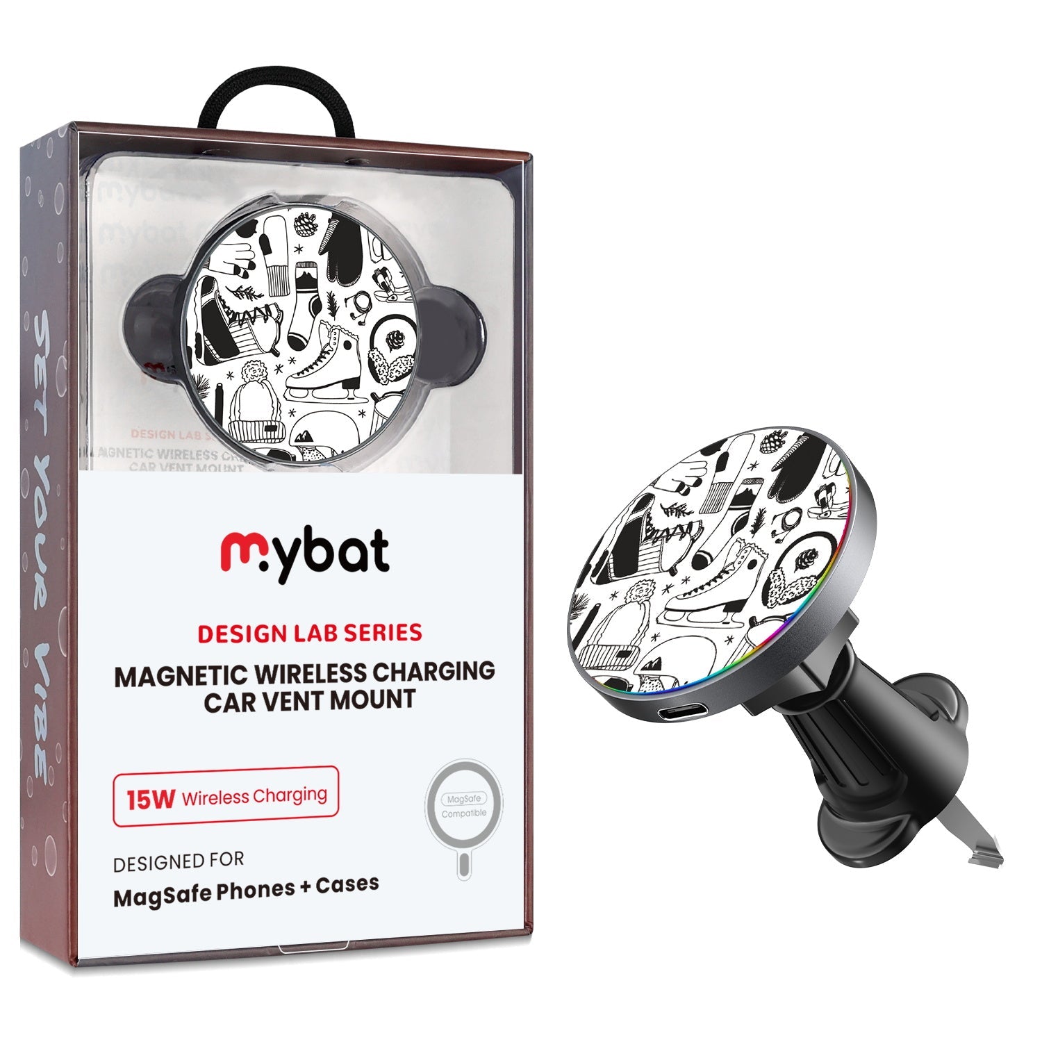 MyBat Design Lab Magnetic Wireless Charging Vent Mount - Black - Hit the Slopes