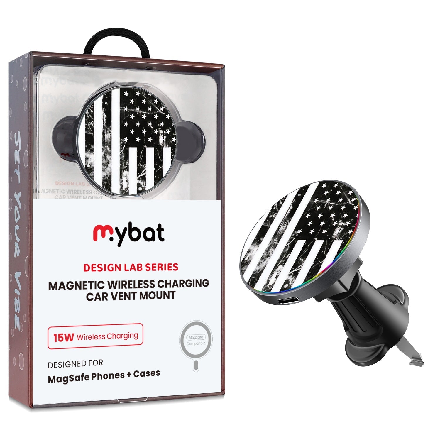 MyBat Design Lab Magnetic Wireless Charging Vent Mount - Black - Distress US Flag
