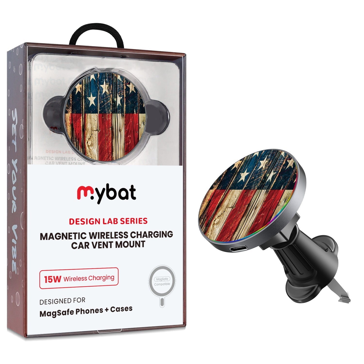 MyBat Design Lab Magnetic Wireless Charging Vent Mount - Black - US Painted Flag