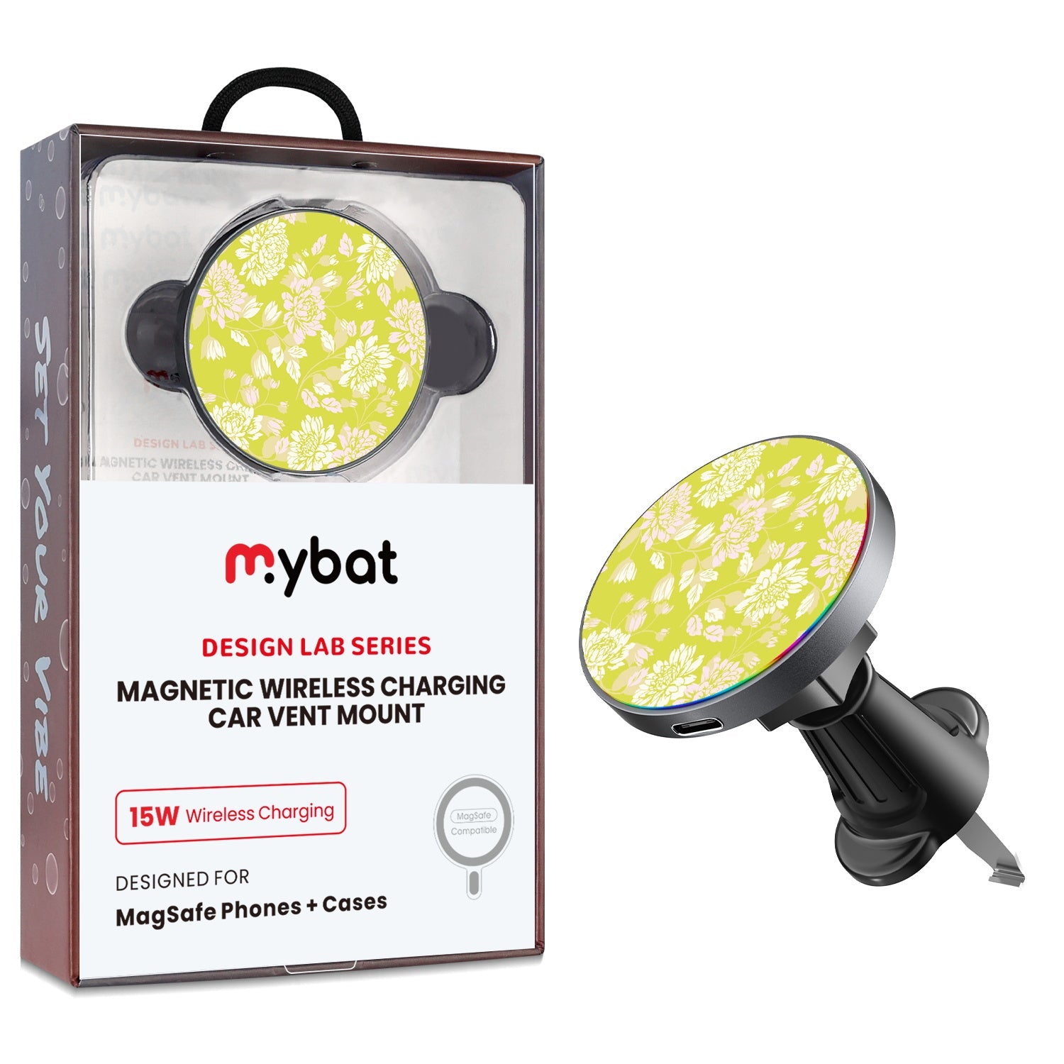 MyBat Design Lab Magnetic Wireless Charging Vent Mount - Black - Green Thumb