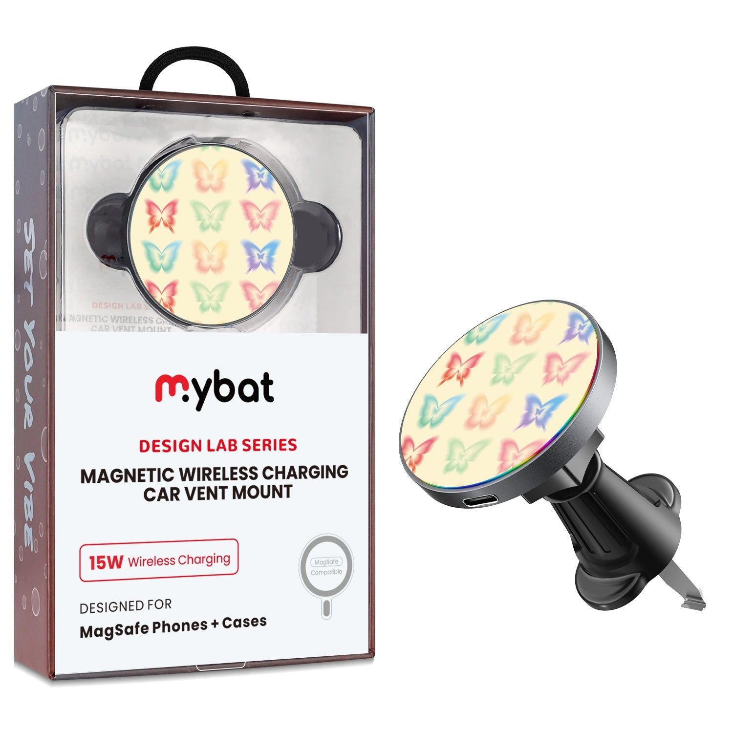 MyBat Design Lab Magnetic Wireless Charging Vent Mount - Black - Technicolor Butterflies
