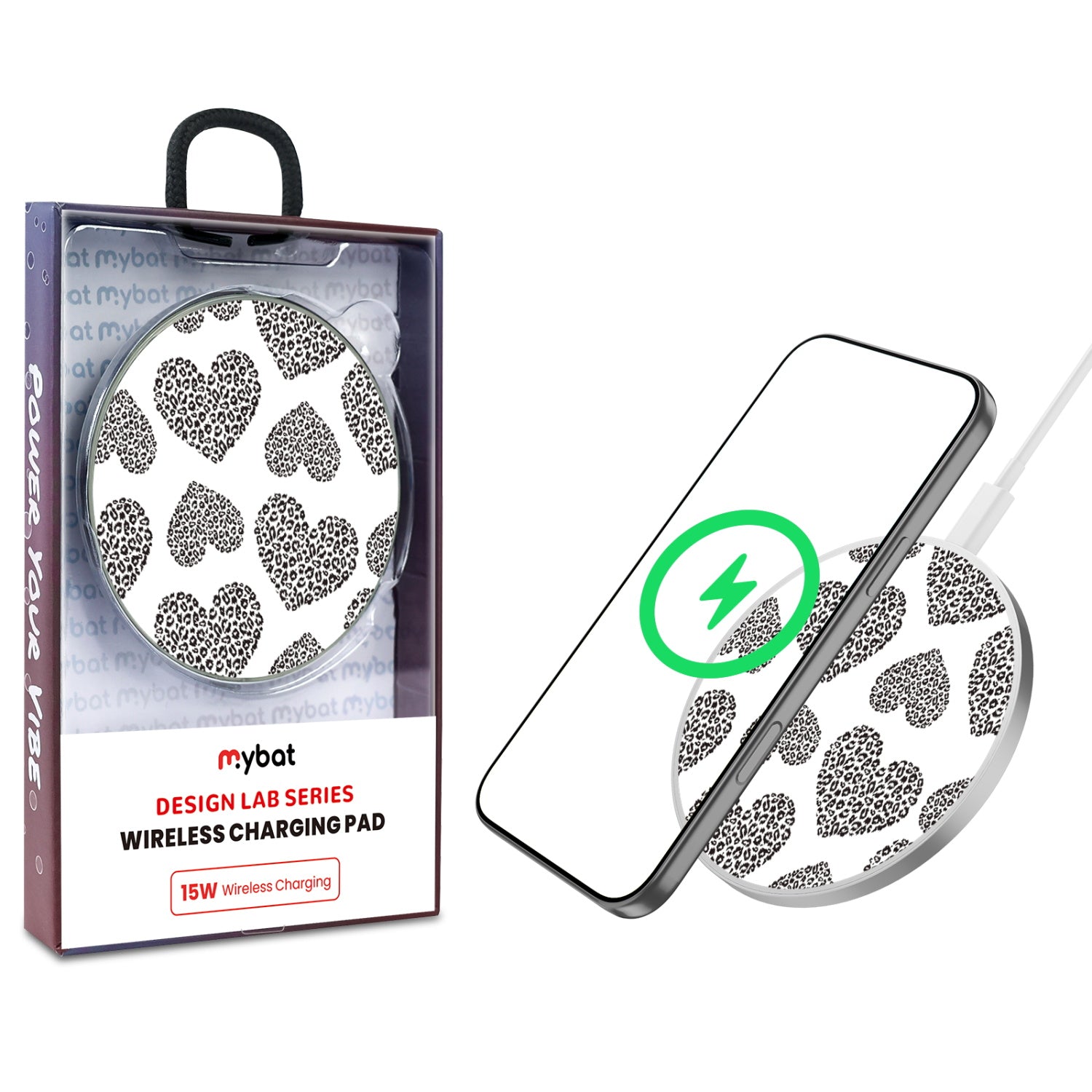 MyBat Design Lab Series Wireless Charging Pad - Silver - Leopard Print Hearts