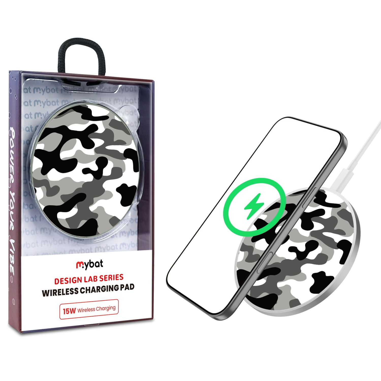MyBat Design Lab Series Wireless Charging Pad - Silver - Black & White Camouflage