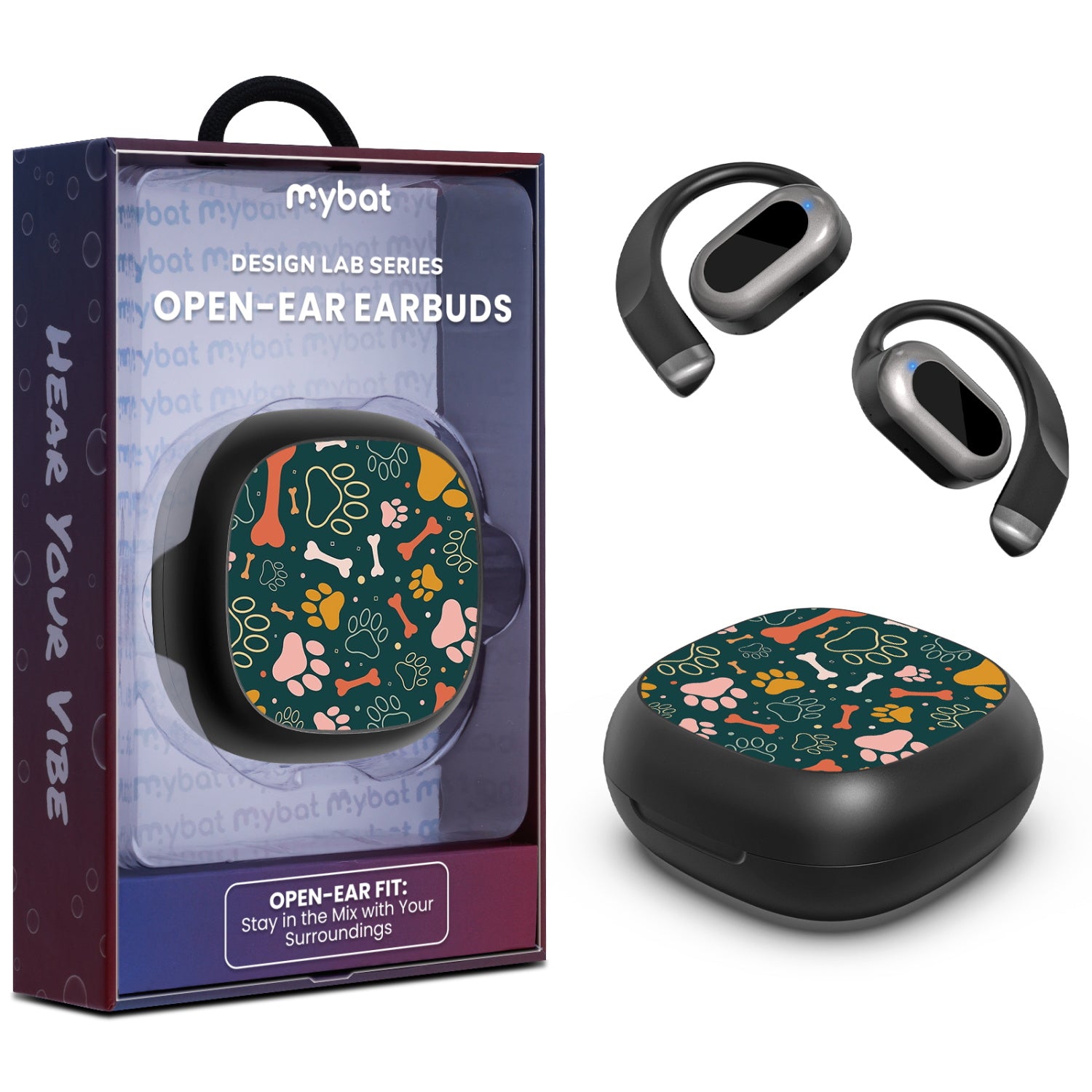 MyBat Design Lab Open-Ear Earbuds - Black - Paw Prints & Bones - MFHSBTST251-003-1.jpg