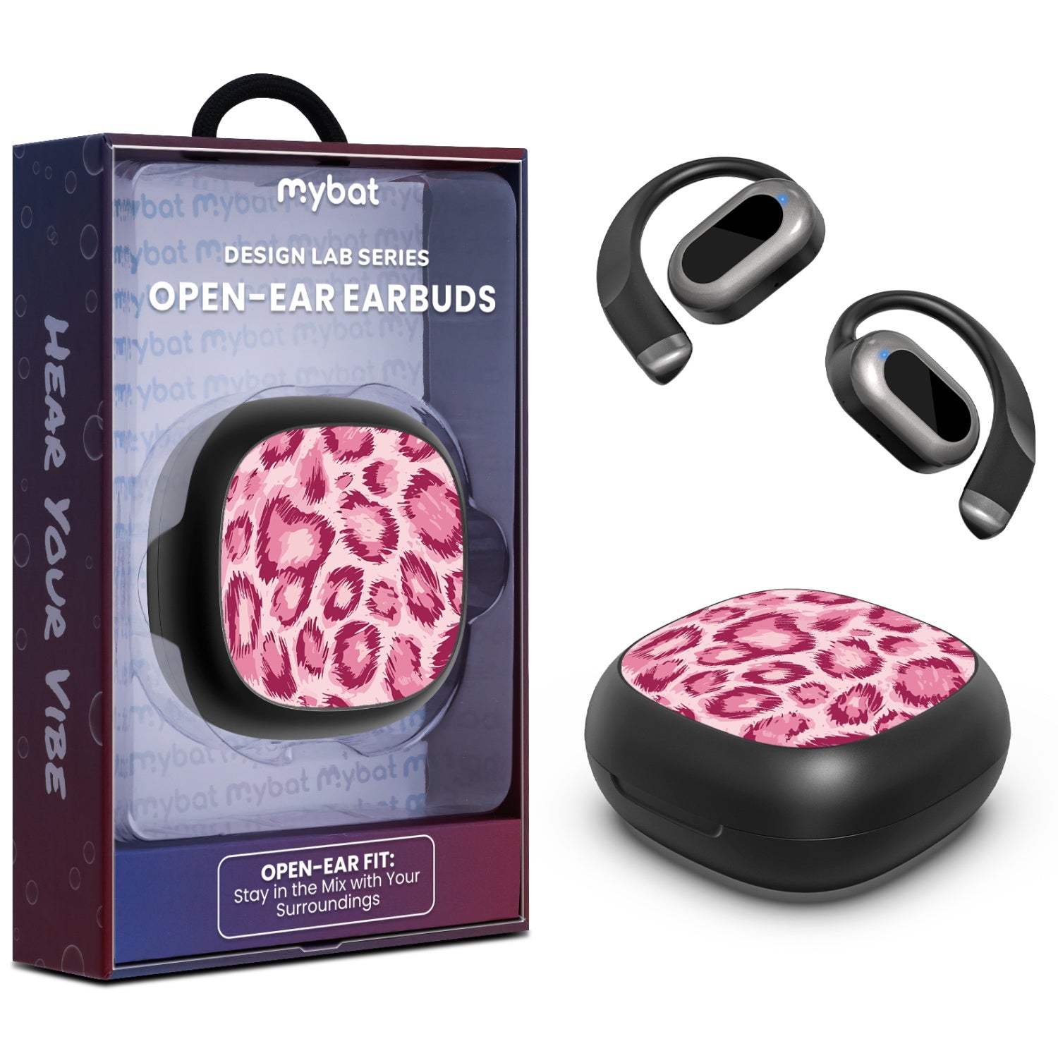 MyBat Design Lab Open-Ear Earbuds - Black - Pink Leopard Print - MFHSBTST251-007-1.jpg