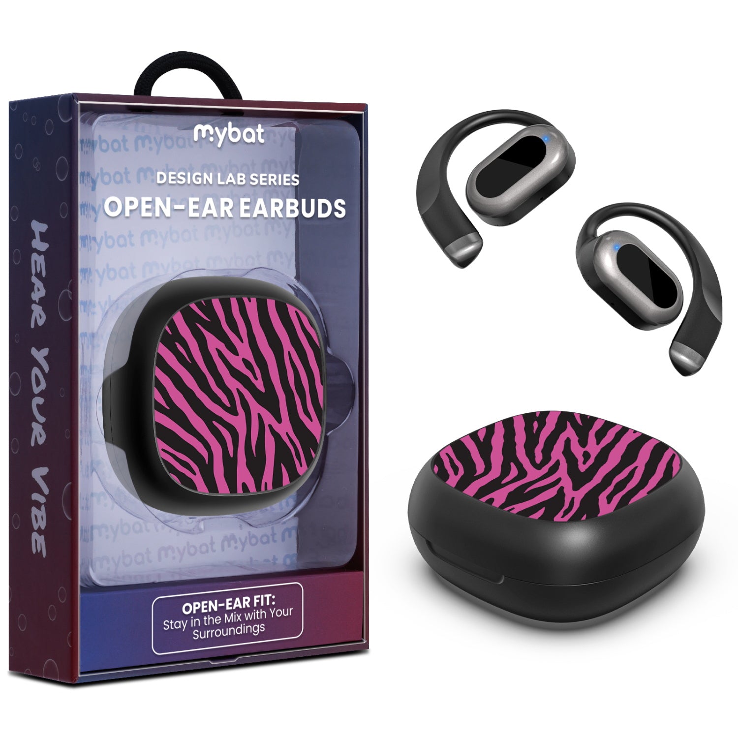 MyBat Design Lab Open-Ear Earbuds - Black - Pink Zebra Print - MFHSBTST251-010-1.jpg