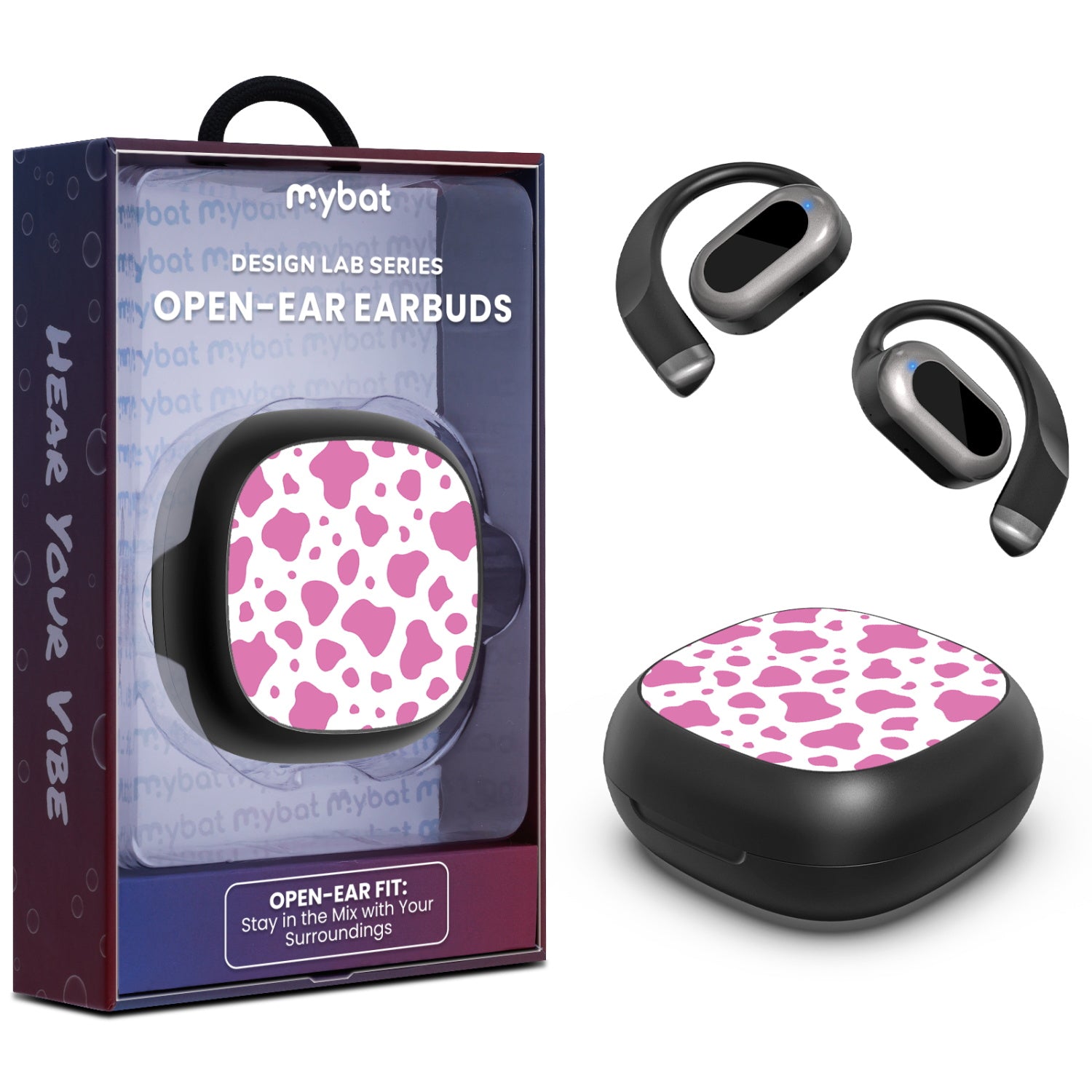 MyBat Design Lab Open-Ear Earbuds - Black - Pink Cow Print - MFHSBTST251-015-1.jpg