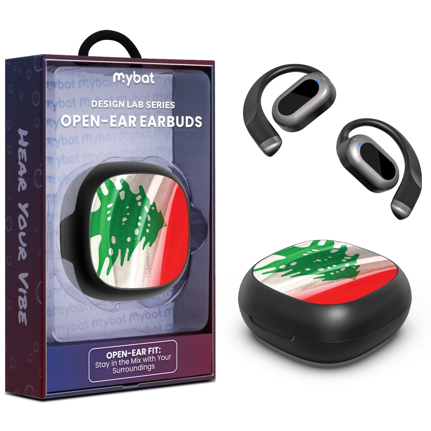 MyBat Design Lab Open-Ear Earbuds - Black - Lebanese Flag