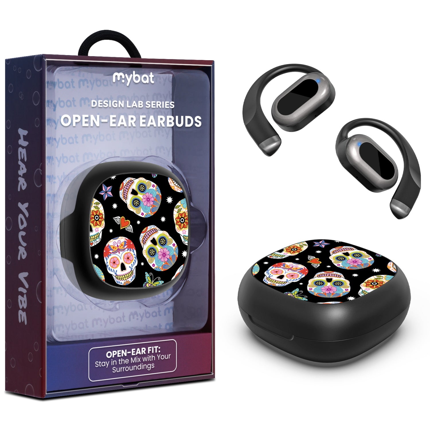 MyBat Design Lab Open-Ear Earbuds - Black - Day of the Dead - MFHSBTST251-056-1.jpg