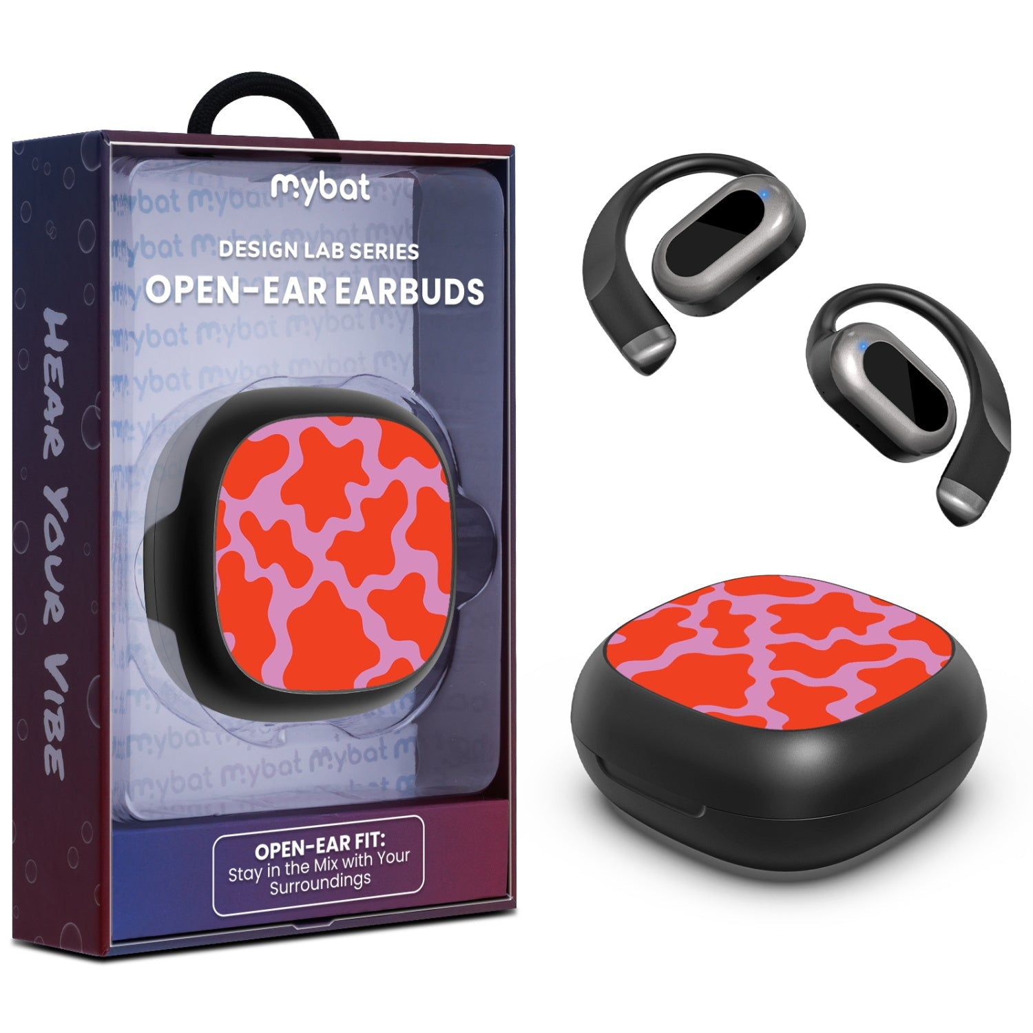MyBat Design Lab Open-Ear Earbuds - Black - Pink Retro Splashes