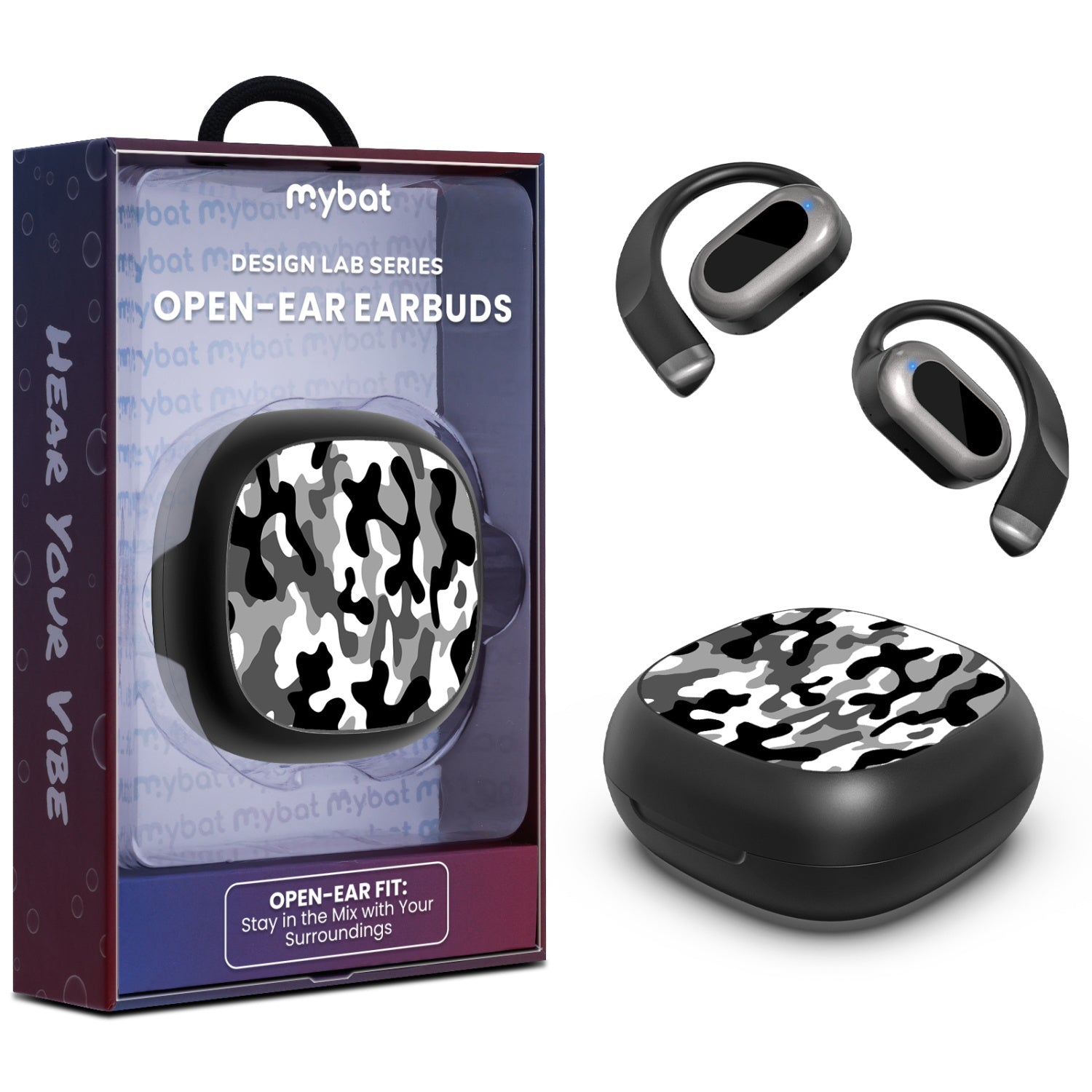 MyBat Design Lab Open-Ear Earbuds - Black - Black & White Camouflage
