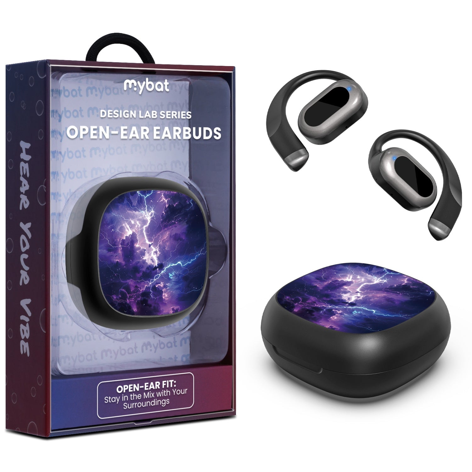MyBat Design Lab Open-Ear Earbuds - Black - Lightning Storm
