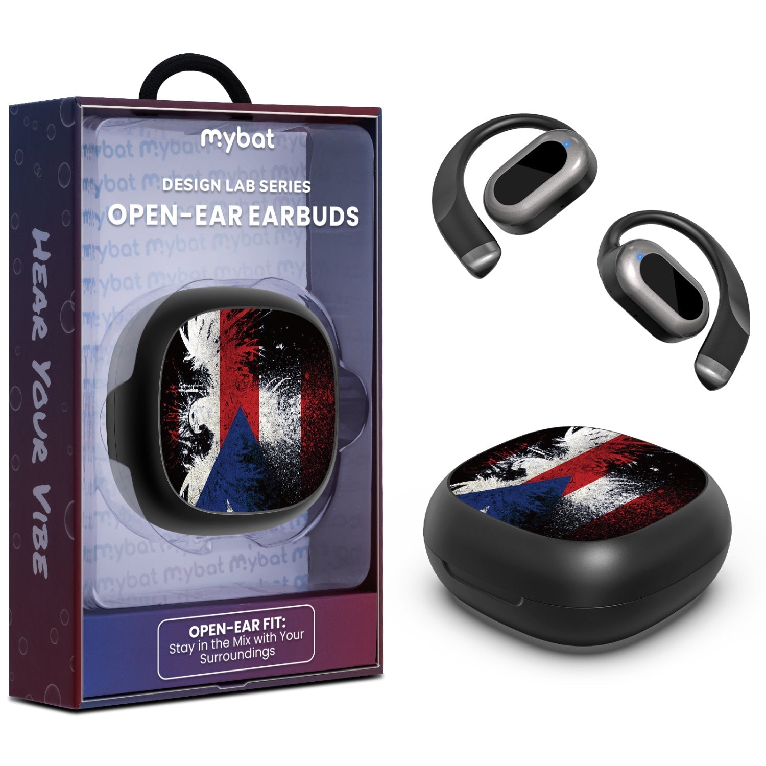 MyBat Design Lab Open-Ear Earbuds - Black - Puerto Rico Eagle Flag