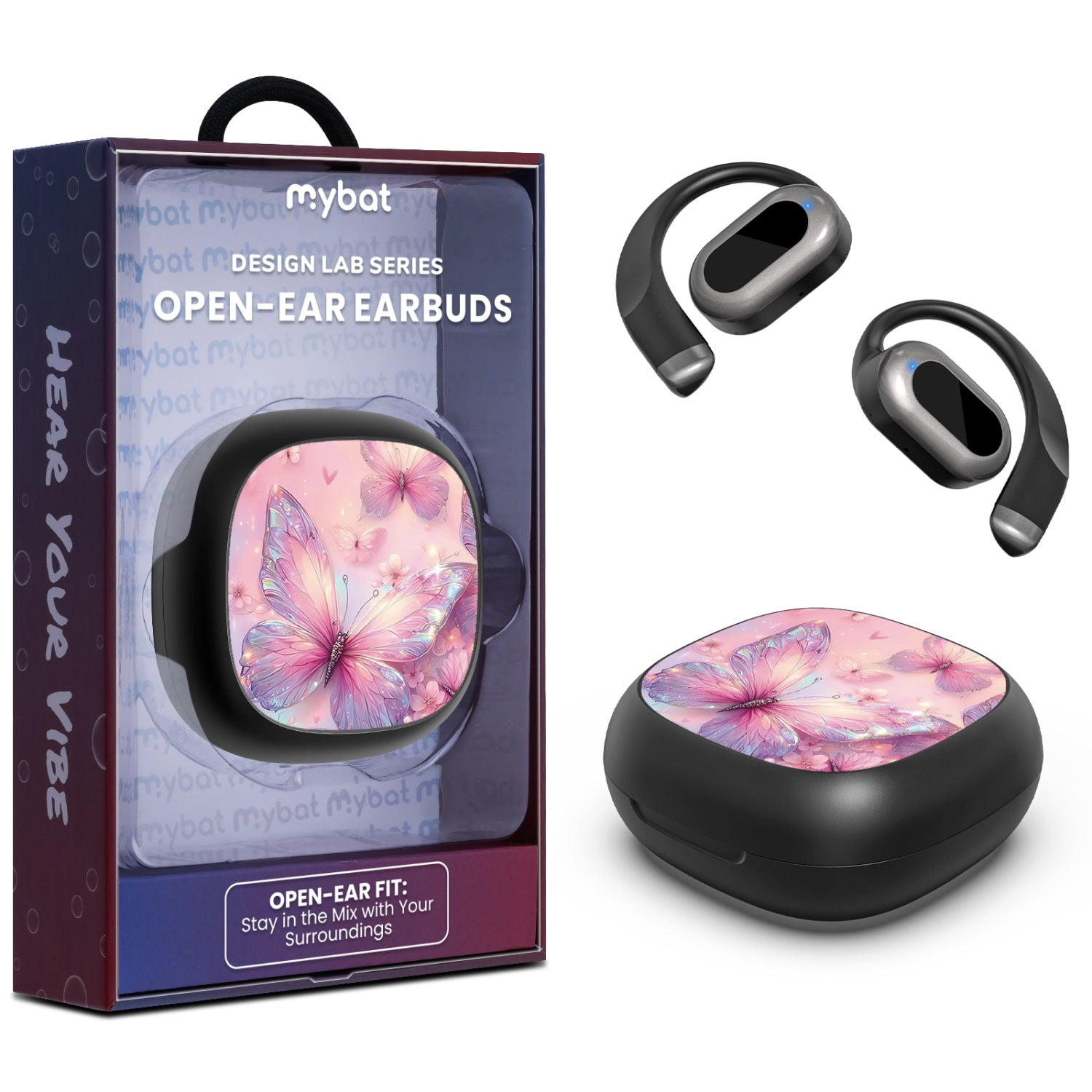 MyBat Design Lab Open-Ear Earbuds - Black - Pink Butterflies - MFHSBTST251-361-1.jpg