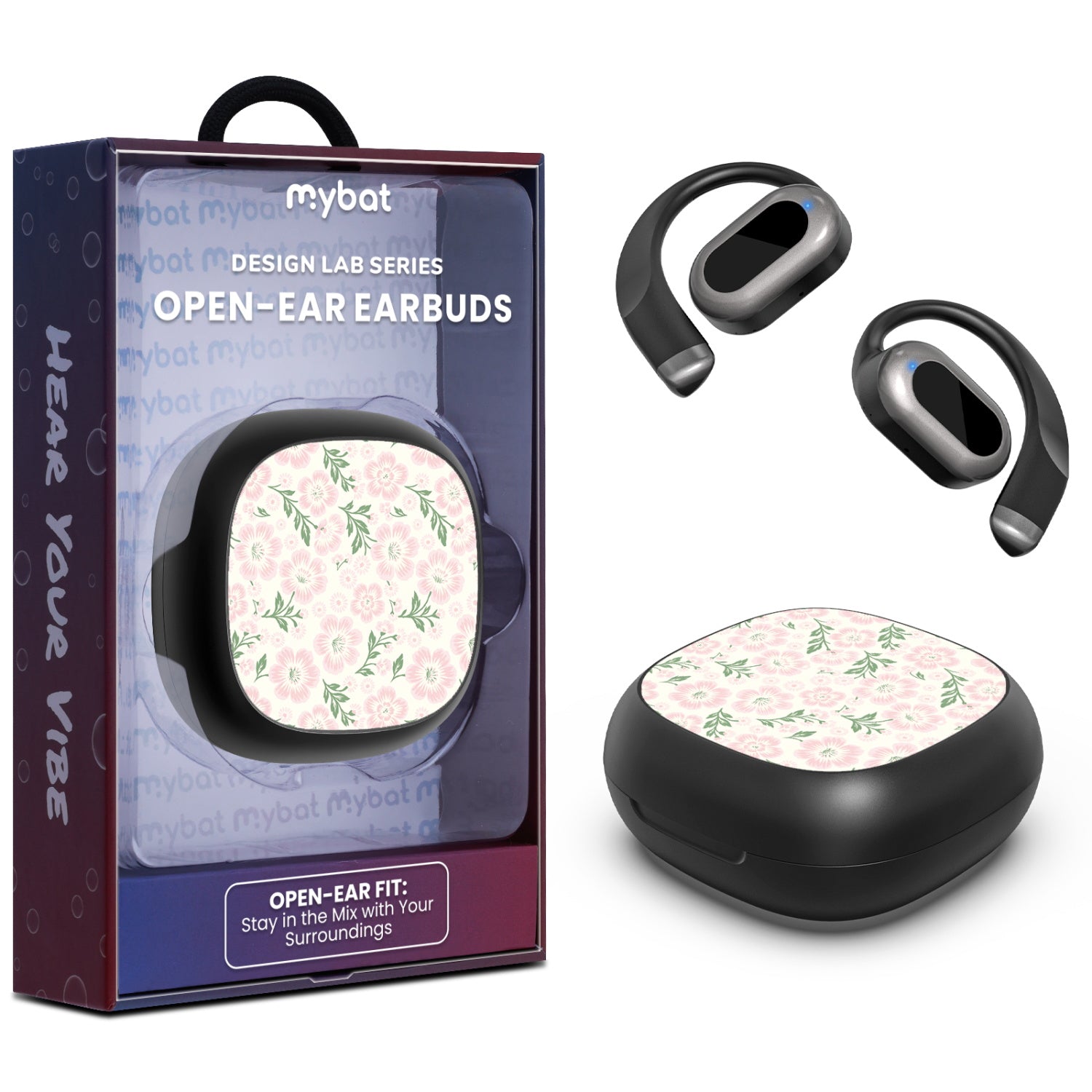 MyBat Design Lab Open-Ear Earbuds - Black - Pink Posies - MFHSBTST251-473-1.jpg