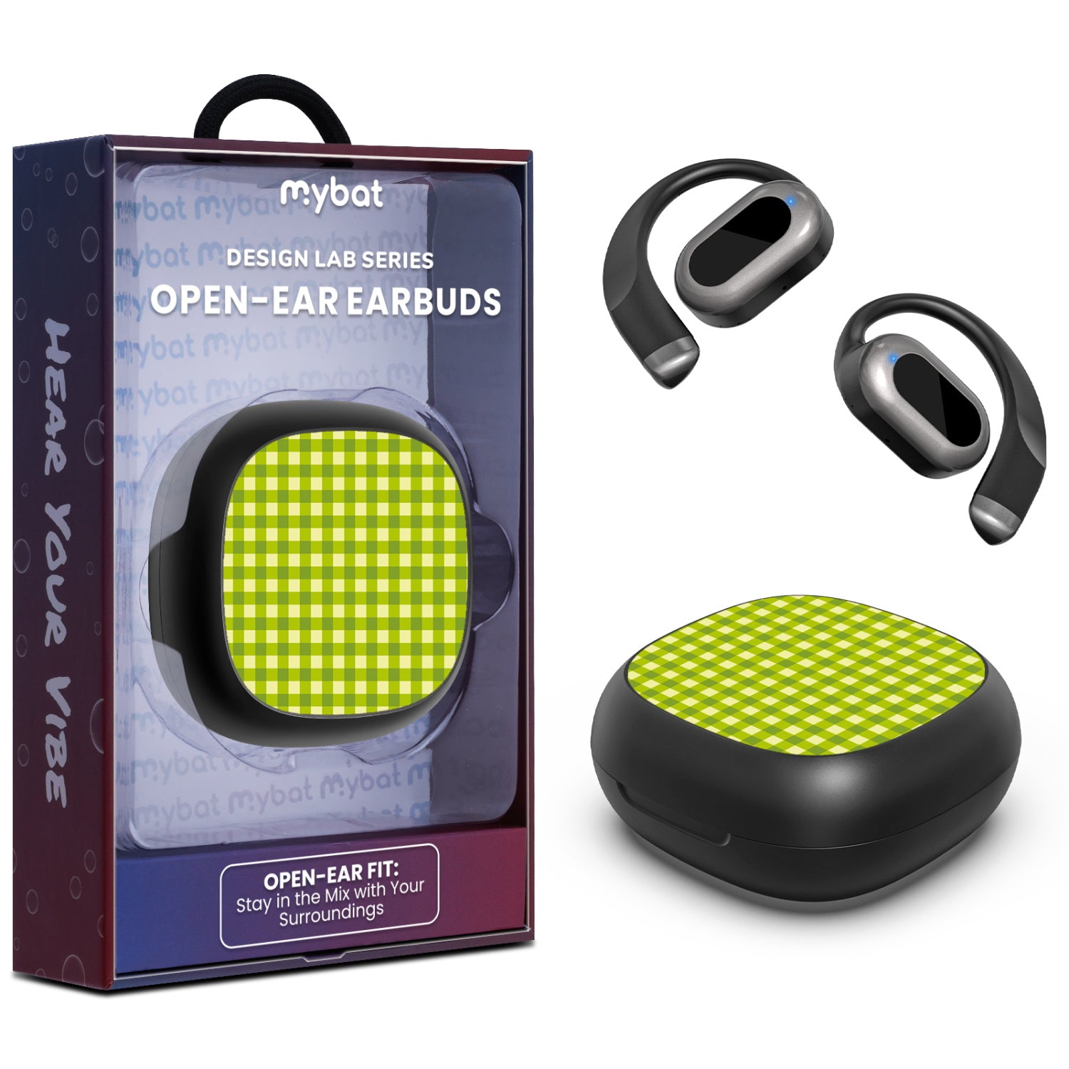 MyBat Design Lab Open-Ear Earbuds - Black - Green Gingham - MFHSBTST251-476-1.jpg