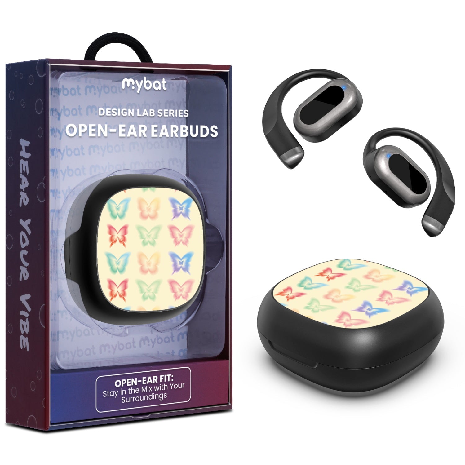 MyBat Design Lab Open-Ear Earbuds - Black - Technicolor Butterflies