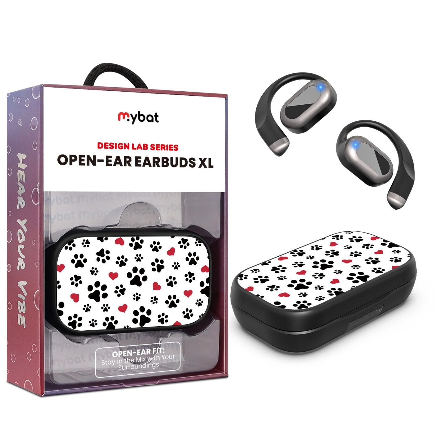 MyBat Design Lab Open-Ear Earbuds XL - Black - Paw Prints and Hearts - MFHSBTST271-001-1.jpg
