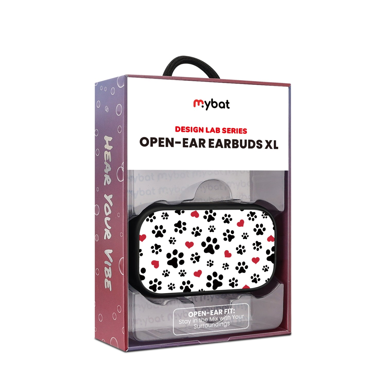 MyBat Design Lab Open-Ear Earbuds XL - Black - Paw Prints and Hearts