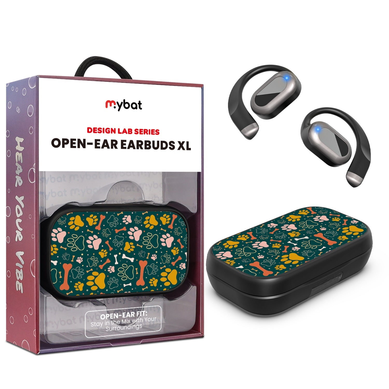 MyBat Design Lab Open-Ear Earbuds XL - Black - Paw Prints & Bones